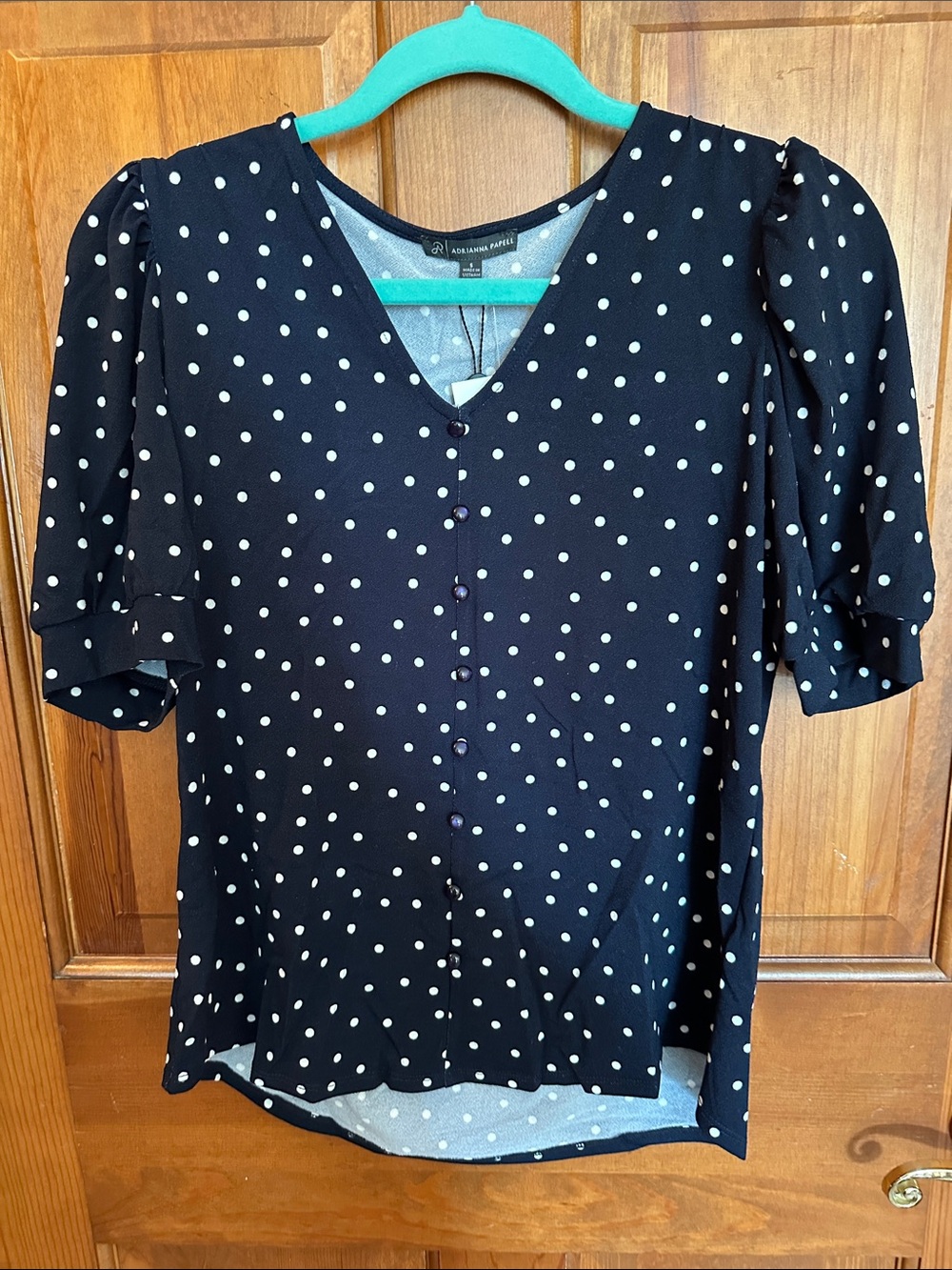 Adrianna Papell Black and White Polka Dot V-Neck Button Blouse